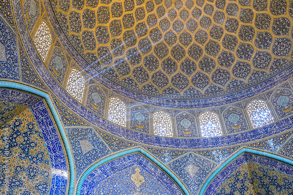 Sheikh Lotfollah Mosque at Naqhsh-e Jahan Square in Isfahan, Iran. Ceiling view.