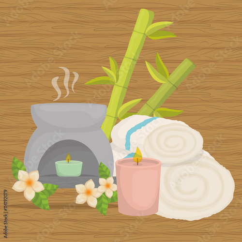 Candle and decoration. Spa center design. Vector graphic