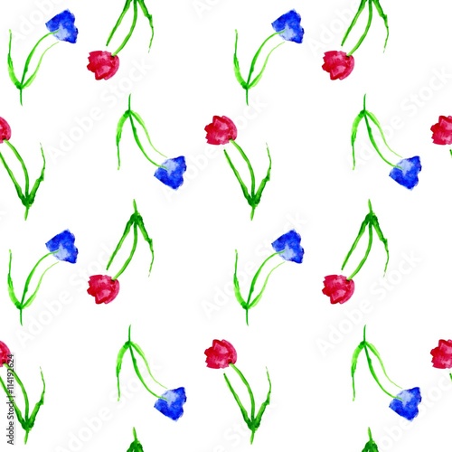 Seamless background with tulips. Watercolor background with red and blue tulips on white background.Hand drawn red tulip flowers. Children's drawing a red tulip on a white background.