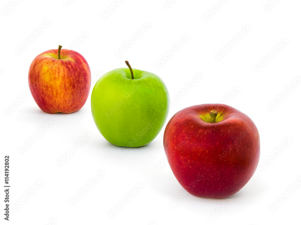 Three Colors Apples Varieties (New Zealand Eve, Granny Smith, Ambrosia) Isolate on White Background with Clipping Path Three Colors Apples Varieties (New Zealand Eve, Granny Smith, Ambrosia) Isolate on White Background with Clipping Path