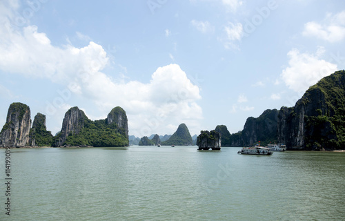 Sea landscape with tourist boat in Halong Bay Vietnam