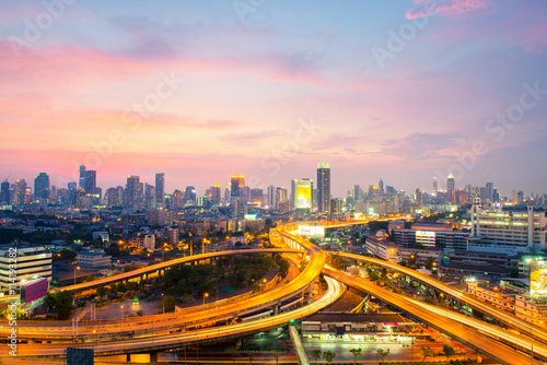 Bangkok city skyline while sunset.