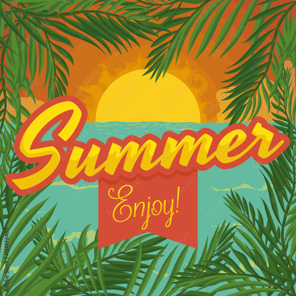 Obraz premium Summer Sunset with Palms Scattered on the Beach, Vector Illustration