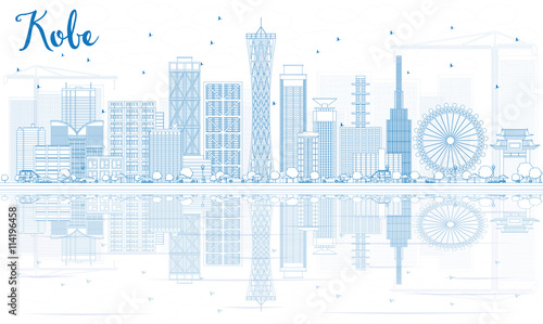 Canvas-taulu Outline Kobe Skyline with Blue Buildings and Reflections.