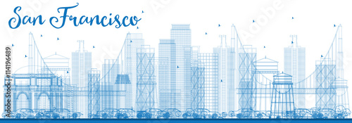 Outline San Francisco Skyline with Blue Buildings.