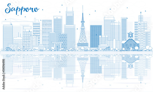 Outline Sapporo Skyline with Blue Buildings and Reflections.