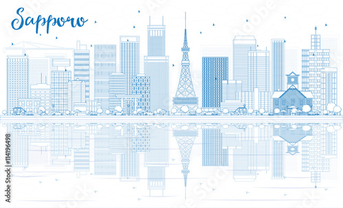Wallpaper Mural Outline Sapporo Skyline with Blue Buildings and Reflections. Torontodigital.ca