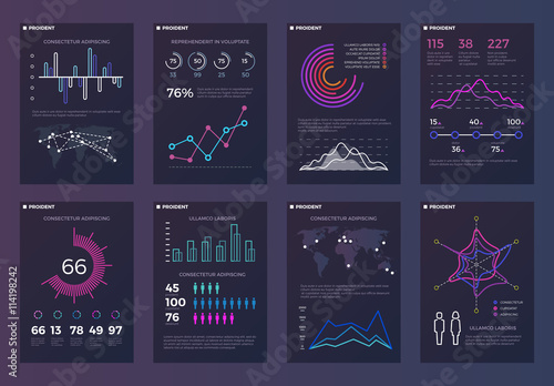 Infographics, brochures vector templates for business reports with line charts and diagrams. Chart and diagram presentation brochure, template of infographic diagram for business illustration