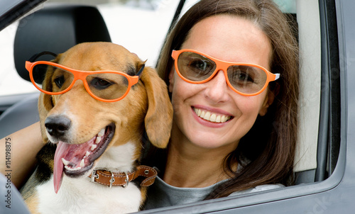 Woman with beagle dog in car.