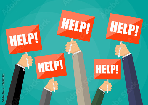 holding red sign boards with the word help