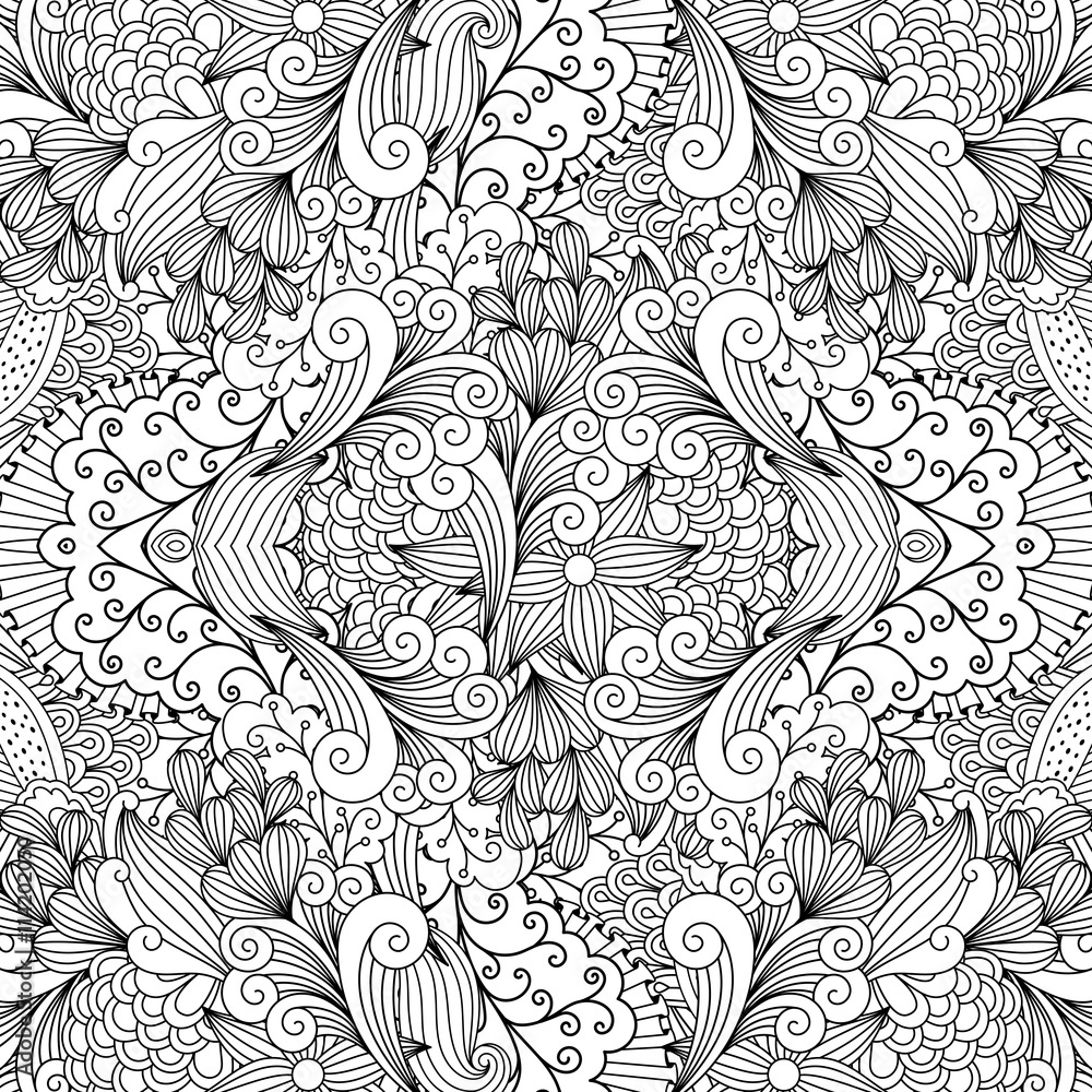 Fototapeta premium Outlined design of seamless decorative textile pattern with elegant wavy flower and leaf type shapes