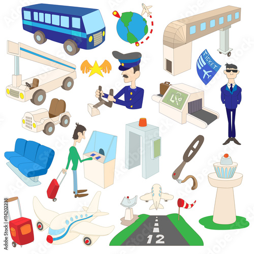 Airport set icons, cartoon style