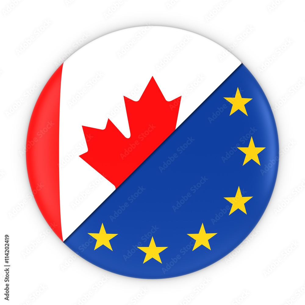 Obraz premium Canadian and European Relations - Badge Flag of Canada and Europe 3D Illustration