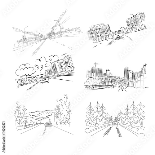 Cars on city road, set of hand drawn illustrations for your design