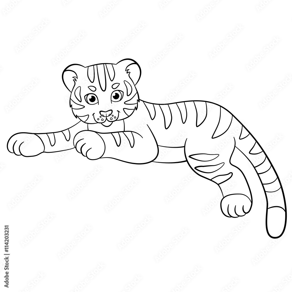 Coloring pages. Wild animals. Little cute baby tiger smiles. Stock ...