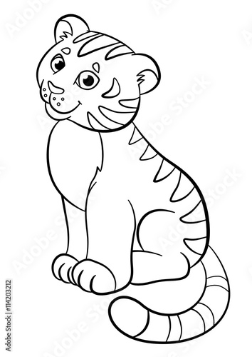 Fototapeta Naklejka Na Ścianę i Meble -  Coloring pages. Wild animals. Little cute baby tiger smiles.