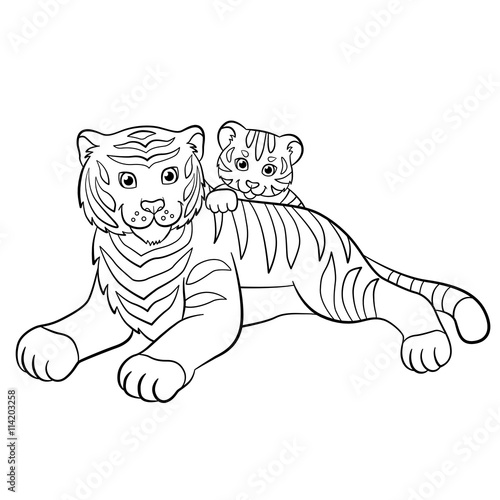 Fototapeta Naklejka Na Ścianę i Meble -  Coloring pages. Wild animals. Mother tiger with her little cute baby tiger.