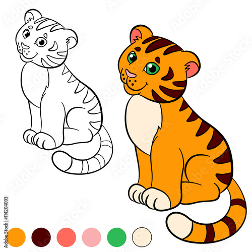 Fototapeta Naklejka Na Ścianę i Meble -  Coloring page. Color me: tiger. Little cute baby tiger smiles.