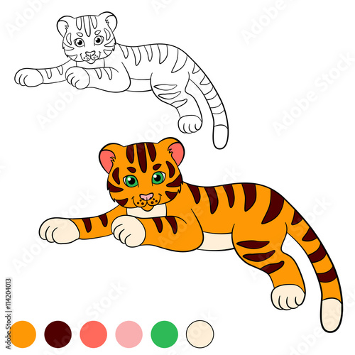 Coloring page. Color me: tiger. Little cute baby tiger lays and smiles.