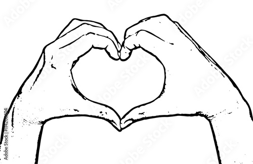 Female hands making shape heart, black and white vector graphic