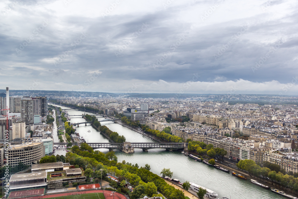 View on rainy Paris from Eiffel tower.