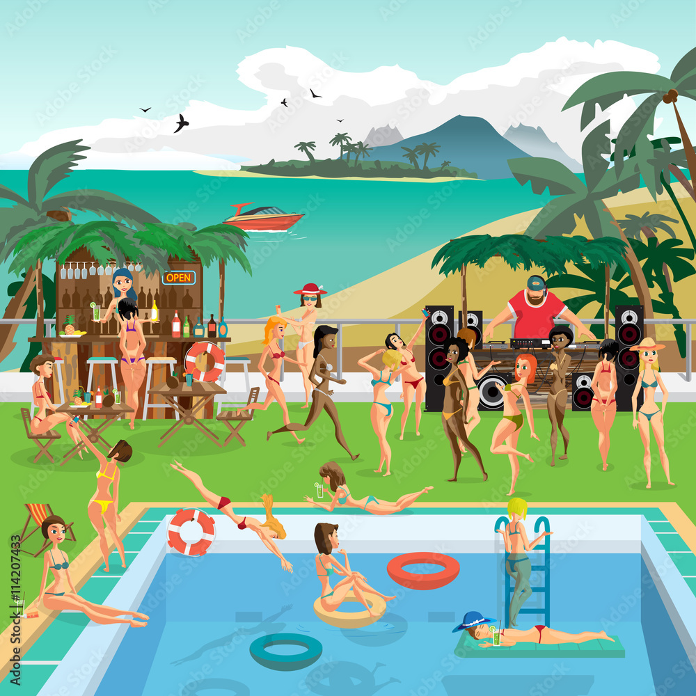 Party outdoor swimming pool on the beach in the tropics. Dj, bar