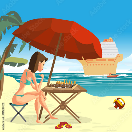 Young woman in a bikini playing chess with herself sitting on th