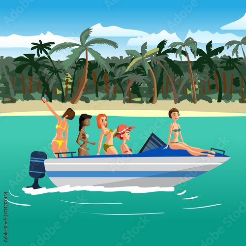 Women in bikini riding on a motorboat around a tropical beach. F