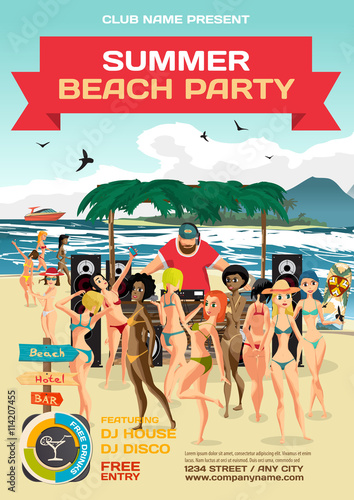 Vector summer party invitation beach style. Day beach, dj with s
