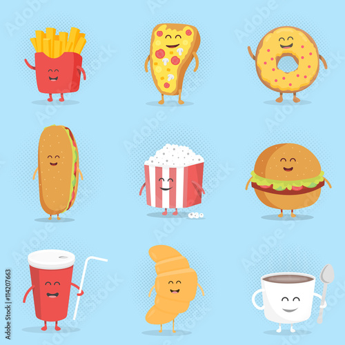 Set of cute cartoon fast food characters . French fries , pizza , donut , hot dog , popcorn , hamburger , cola , croissant and coffee mug .