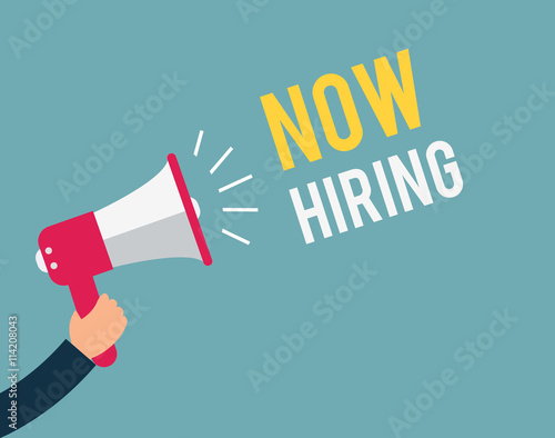 Hand Holding Megaphone and Announcement "Now Hiring"