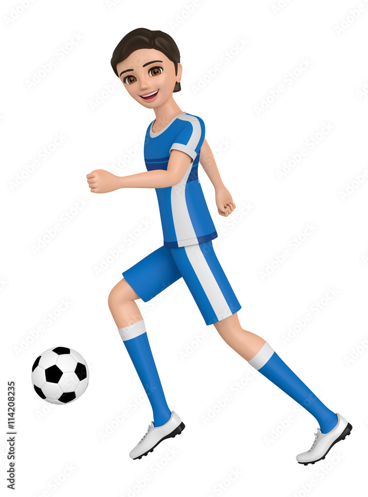 3D illustration character - A boy in a uniform kicks a soccer ball.