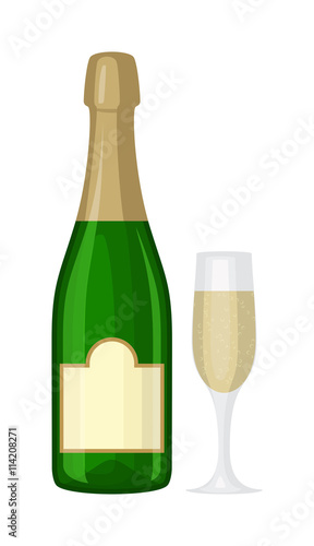 Champagne bottle and champagne glass vector illustration. Alcohol celebration wine isolated champagne bottle. Holiday gold glass new year party beverage champagne romantic drink bottle.