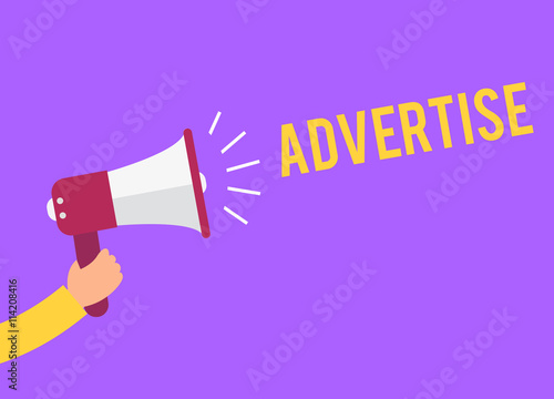 Hand holding megaphone with words describing advertising such as advertise, promotion, public relations, marketing, attention, audience