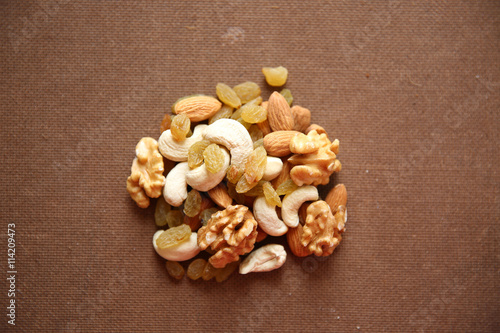Mix of dry nuts and fruits close-up