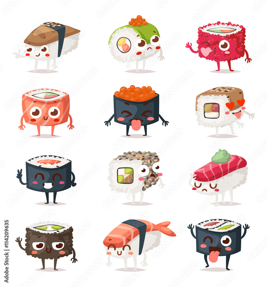 Fun sushi characters and sashimi. Japanese sushi characters food with cute  faces happy vector illustration set. Japanese comic seafood cuisine sushi  characters funny food icon asian menu culture. Stock Vector | Adobe