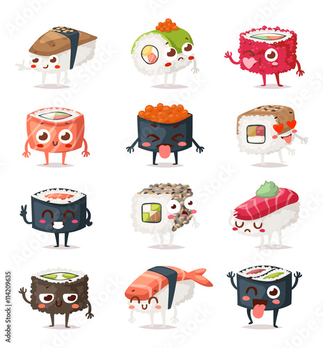 Fun sushi characters and sashimi. Japanese sushi characters food with cute faces happy vector illustration set. Japanese comic seafood cuisine sushi characters funny food icon asian menu culture.