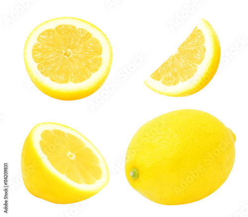 Set of juicy yellow whole lemon and slices of lemon isolated on a white background. Design element for product label, catalog print, web use.