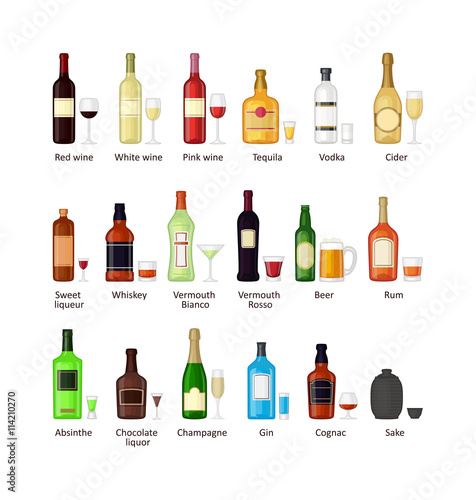 Alcohol drinks beverages and cocktail whiskey drink bottle lager refreshment container. Alcohol menu drunk concept. Set of different alcohol drink bottle and glasses vector illustration.