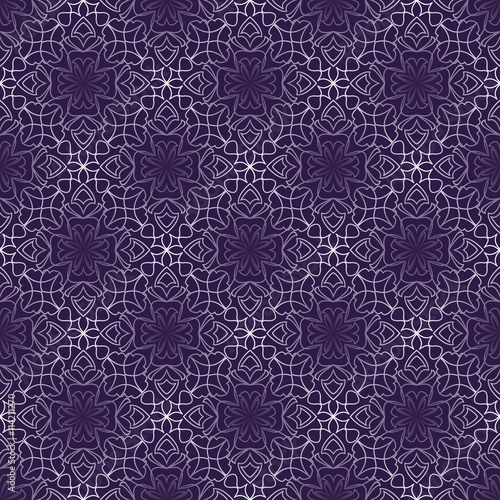 Dark purple abstract vintage background with rhomboid lace patterns. Seamless white vector ornament in diagonal stripes