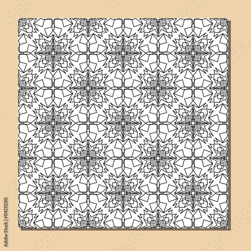 Cubist ornamental seamless tile in black and white, square decorative element composed of polygonal shapes