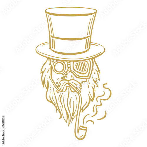 Steampunk old man in top hat and glasses with the beard  moustache  a smoking pipe in vector illustration