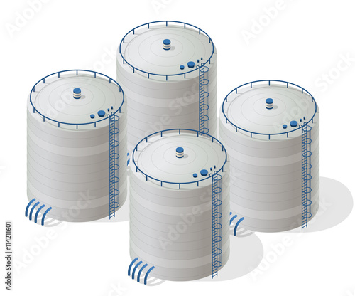 Water reservoir isometric building info graphic. Rafinery accessories. Gasometer containers. Uninterruptible power supply reserves. White water supply resource. Flatten isolated master vector icon.