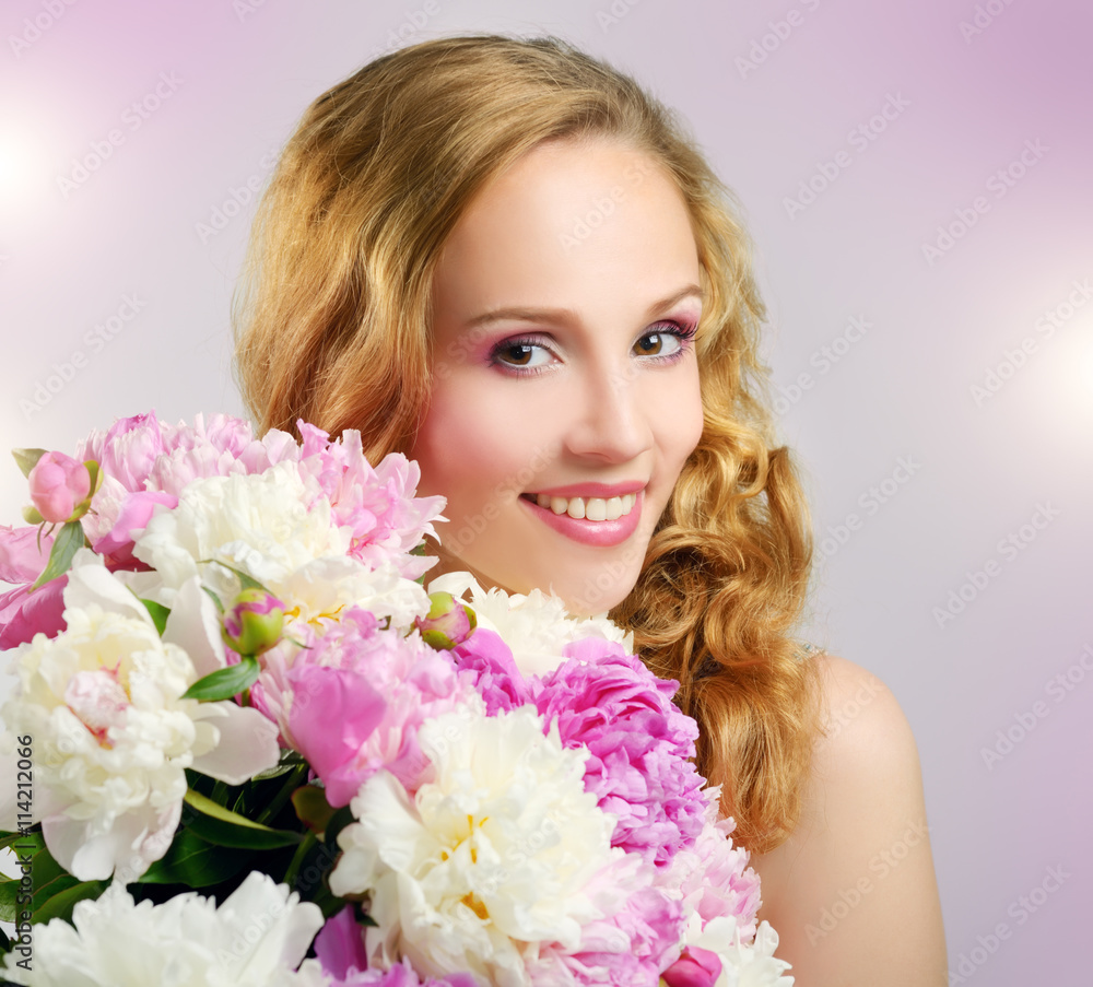 Beautiful girl with peony flowers Beautiful girl with peony flowers