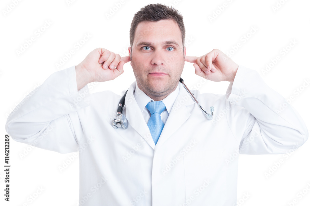 Concept of male medic or doctor making deaf gesture Concept of male medic or doctor making deaf gesture