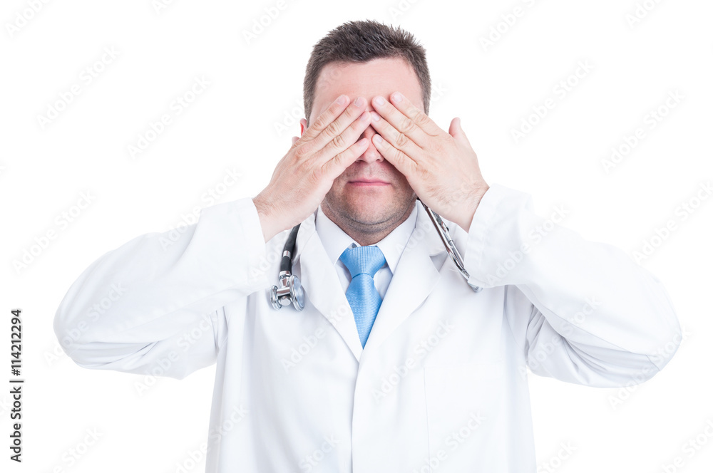 Concept of male medic or doctor making blind gesture Concept of male medic or doctor making blind gesture
