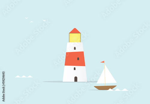 cartoon lighthouse with sailing ship