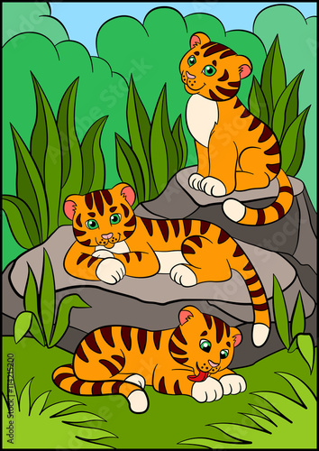 Fototapeta Naklejka Na Ścianę i Meble -  Coloring pages. Wild animals. Three little cute baby tigers.