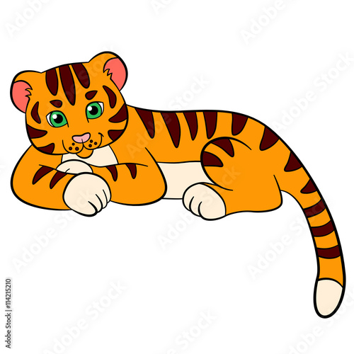 Fototapeta Naklejka Na Ścianę i Meble -  Cartoon wild animals for kids: Tiger. Little cute baby tiger smiles