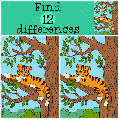 Fototapeta Naklejka Na Ścianę i Meble -  Children games: Find differences. Little cute baby tiger lays on the tree branch and smiles.